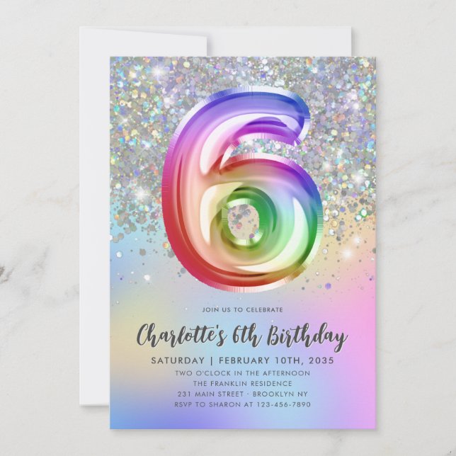 Convite Glam Rainbow Glitter Foil Balão 5 Aniversário (Frente)