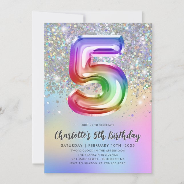 Convite Glam Rainbow Glitter Foil Pastel 5 Aniversário (Frente)