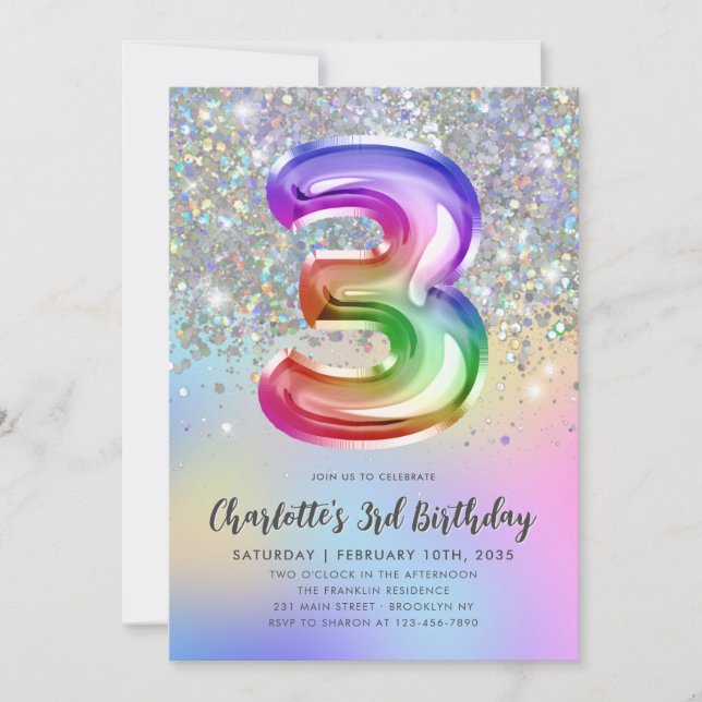Convite Glam Rainbow Glitter Foil Pastel aniversário de 3  (Frente)