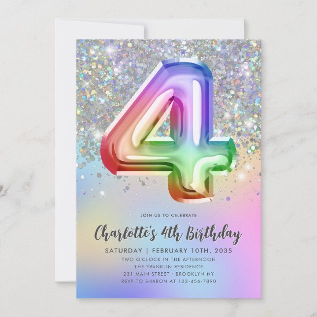 Convite Glam Rainbow Glitter Foil Pastel Girl 4th Birday (Frente)