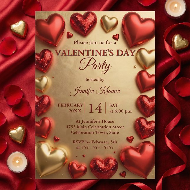 Convite Glam Red and Gold 3D Hearts Valentine's Day Party (Criador carregado)