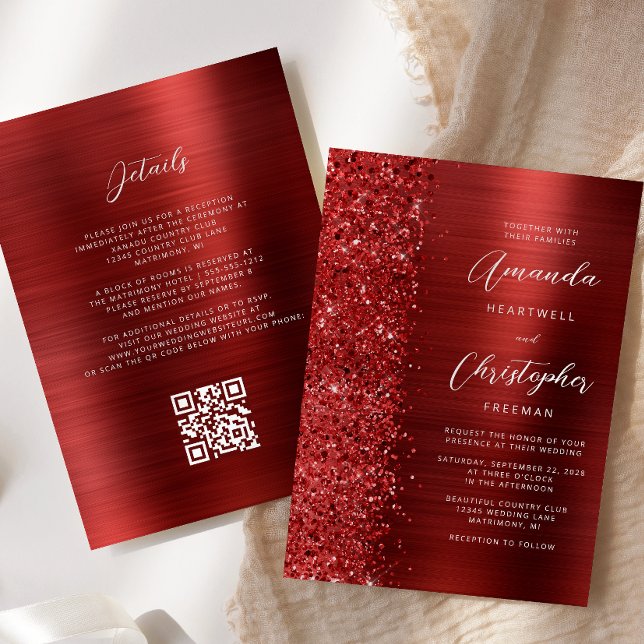 Convite Glam Red Brushed Metal QR Code Wedding (Criador carregado)