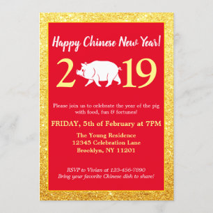 Convite Glam Red Dourado Glitter Chinês Novo Ano 2019 Porc