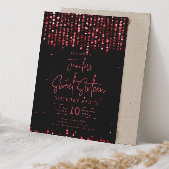 Convite Glam Red Falling Stars Sweet 16 Festa de aniversár (Glam Red Falling Stars Sweet 16 Birthday Party Invitation)