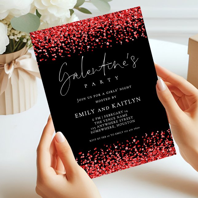 Convite Glam Red Glitter Borders Black Galentines Party (Criador carregado)