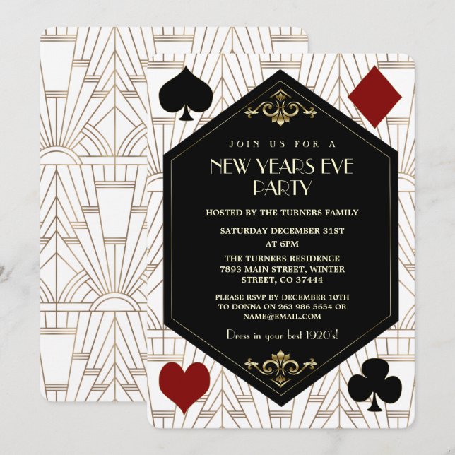 Convite Glam Roaring 1920s Casino Gambling New Year Party (Frente/Verso)