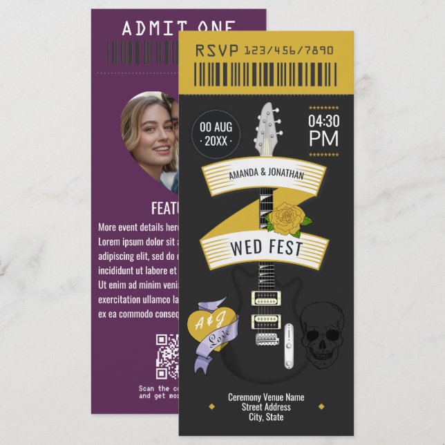 Convite Glam Rock Rock ’n’ Roll Wedding Ticket (Frente/Verso)