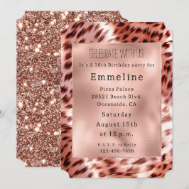 Convite Glam Rosa Dourada Pele Leopardo