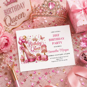 Convite Glam Rosa Dourado Brilho Aniversário Rainha Celebr