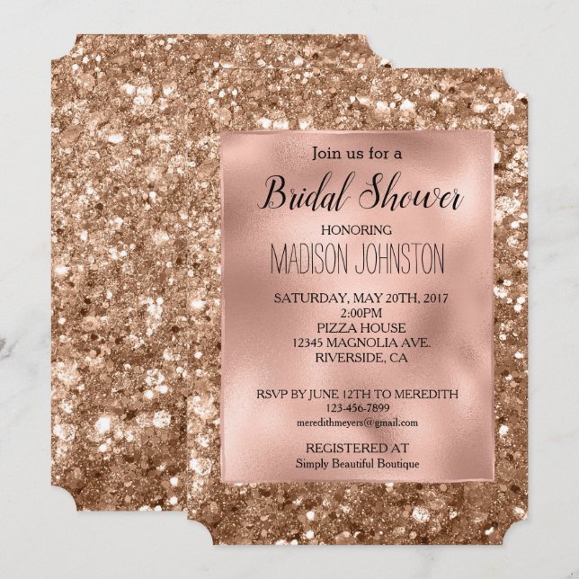 Convite Glam Rosa Dourado Glitter Espesso Chuveiro de Noiv (Frente/Verso)