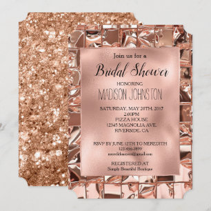 Convite Glam Rosa Dourado Quadrados Brilho Chuva de Noiva