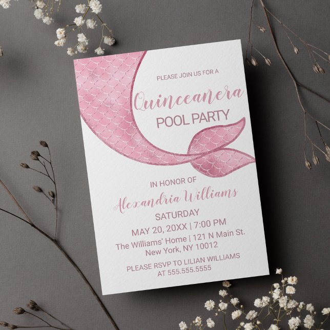 Convite Glam Rosa Dourado Sereia Rosa Tail Quinceañera (Glam Rose Gold Pink Mermaid Tail Quinceañera Invitation )