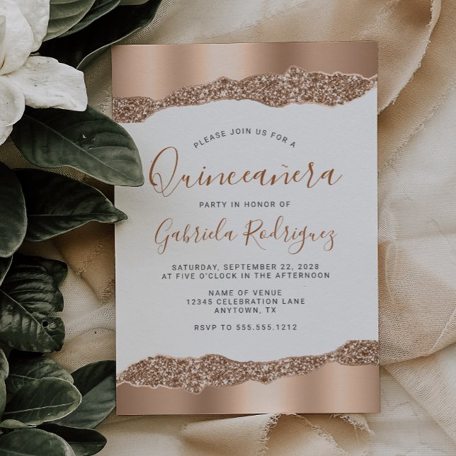 Convite Glam Rosa Gold Foil Glitter Quinceañera (Criador carregado)