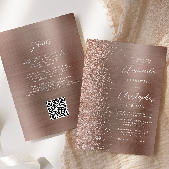 Convite Glam Rosa Ouro Metal Escovado Código QR Casamento (Criador carregado)