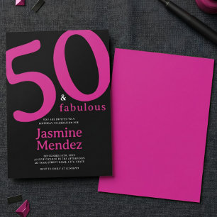 Convite Glam Rosa Quente Chique Preto 50 & Fabuloso Aniver
