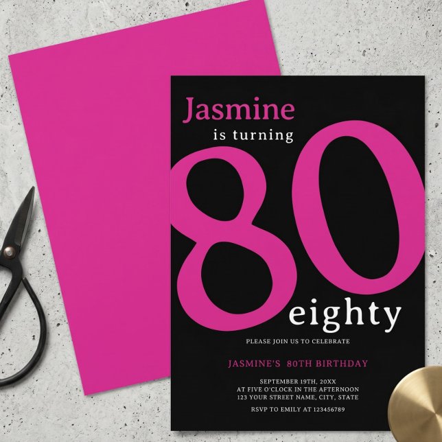 Convite Glam Rosa Quente Preto Aniversário de 80 Oitenta A (Criador carregado)