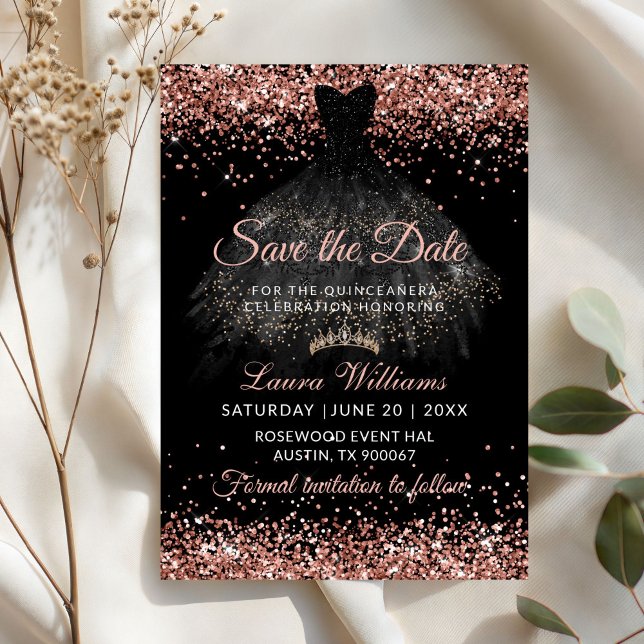 Convite Glam Rose Gold Princess Quinceañera Save the Date (Rose Gold and Black Dress princess Quinceanera Save the date Invitation)