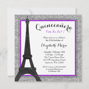 Convite Glam Roxo Paris Faux Silver Glitter Quinceanera