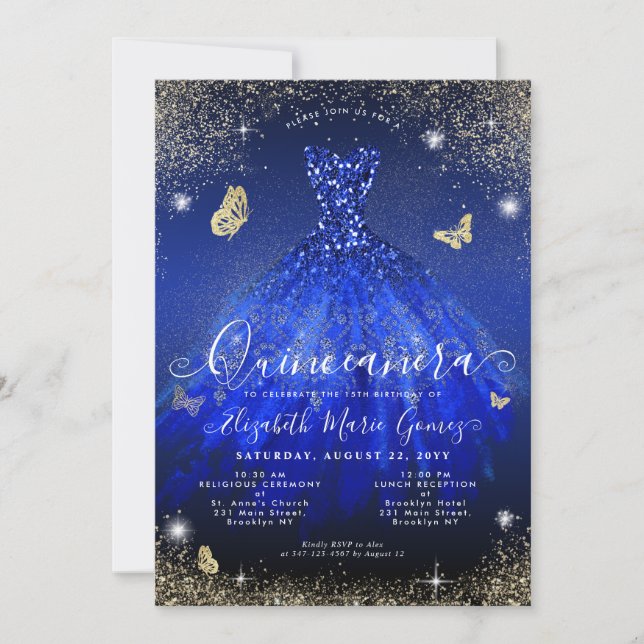 Convite Glam Royal Blue Glitter Gown Quinceanera (Frente)