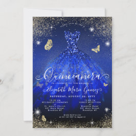 Convite Glam Royal Blue Glitter Gown Quinceanera