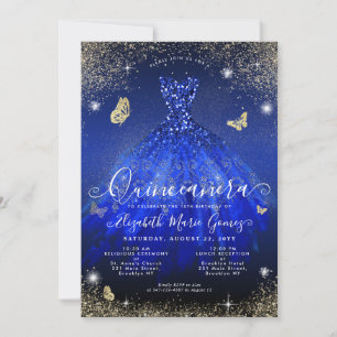 Convite Glam Royal Blue Glitter Gown Quinceanera