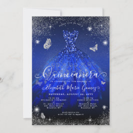 Convite Glam Royal Blue Silver Glitter Gown Quinceanera