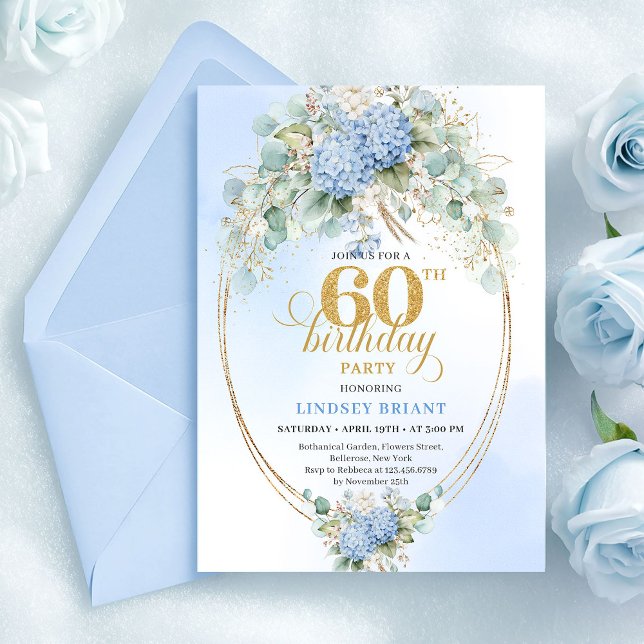 Convite Glam Rustic Soft Blue Flowers Gold 60th Birthday (Glam Rustic Soft Blue Flowers Gold 60th Birthday)