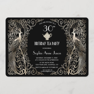 Convite Glam Silve Art Deco Peacocks Aniversário Tea Part