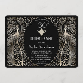 Convite Glam Silver Art Deco Peacocks Birthday Tea Party