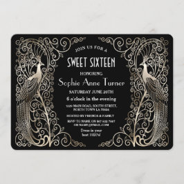 Convite Glam Silver Art Deco Peacocks Doce Dezesseis Parti