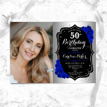 Convite Glam Silver Black Royal Blue Foto 50º aniversário<br><div class="desc">Elegante convite floral feminino para o 50º aniversário com sua foto. Glam design com falso prata. Apresenta rosas azuis reais, fonte de script e confetti. Perfeito para uma festa de comemoração de na moda adulto. Personalize com seus próprios detalhes. Pode ser personalizado para qualquer idade! Impressos convites Zazzle ou modelo...</div>