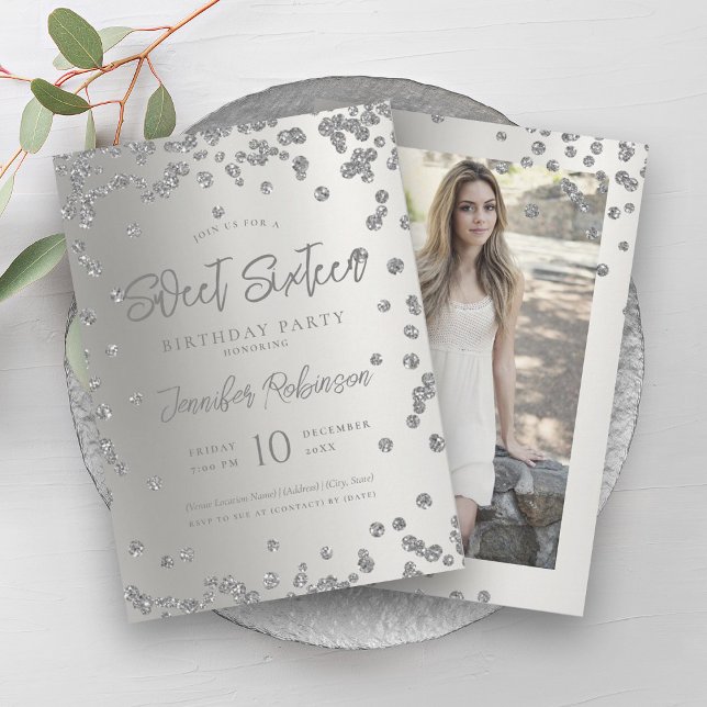 Convite Glam Silver Chic Glitter Foto Sweet 16 (Glam Silver Chic Glitter Photo Sweet 16 Invitation)