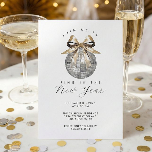 Convite Glam Silver Disco New Year’s Eve Party (Disco Ball Nye Party Invitation)