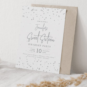 Convite Glam Silver Faux Foil Pontos Sweet 16 Party