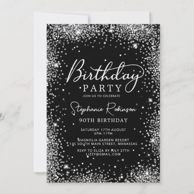 Convite Glam Silver Glitter e Black 90 Birday (Frente)