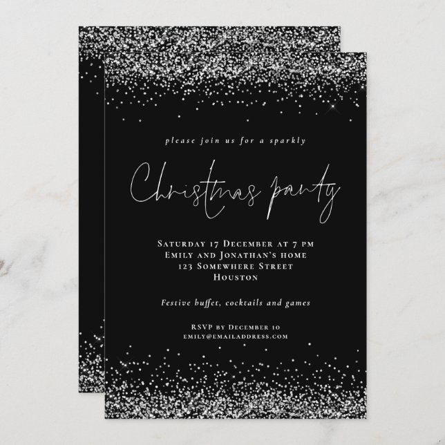 Convite Glam Silver Glitter Script Festa de Natal Preto (Frente/Verso)