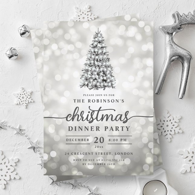 Convite Glam Silver Pine Tree Festa de Natal (Glam Silver Pine Tree Lights Christmas Party Invitation)