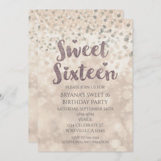 Convite Glam Sparkle Confetti Sweet 16 Aniversário (Frente/Verso)