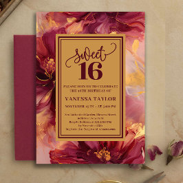 Convite Glam Sweet 16 Burgundy Gold Watercolor Invitation