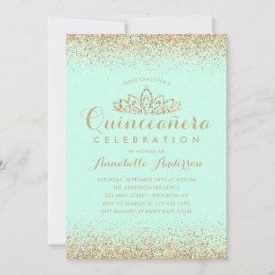 Convite Glam Teal Aqua Quinceañera Dourada Tiara Glitter