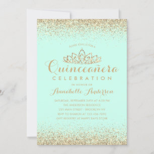 Convite Glam Teal Aqua Quinceañera Dourada Tiara Glitter