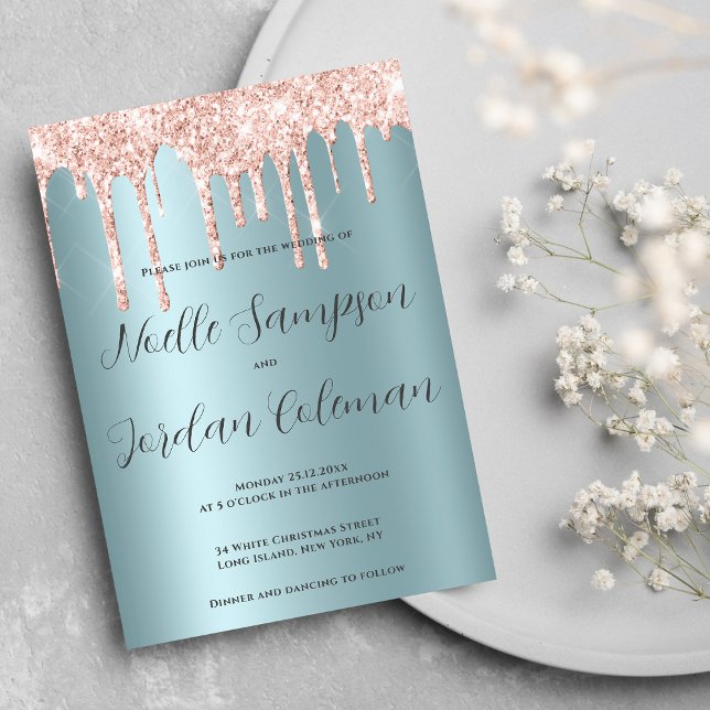 Convite Glam Teal rosa dourado glitter dribla guião casame (Glam teal rose gold glitter drips script wedding)
