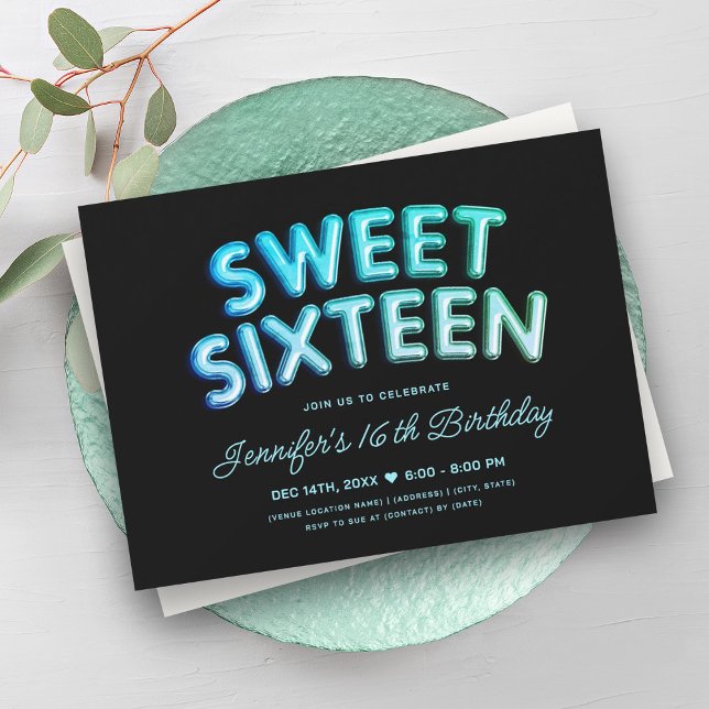 Convite Glam Turquoise Teal Balões Negros Sweet 16 (Glam Turquoise Teal Balloons Black Sweet 16 Invitation)