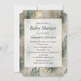 Convite Glam Verde Chic Dourado Folhas Tropicais Brancas