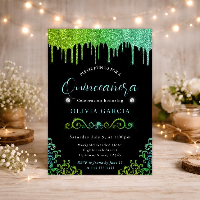 Convite Glam Verde e Azul Gradiente Brilho Quinceanera (Criador carregado)