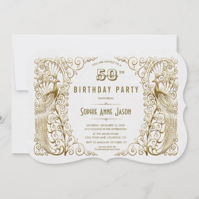 Convite Glam White Dourado Art Deco Peacocks 50º Aniversár (Frente)
