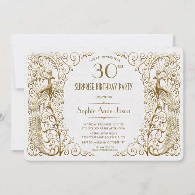 Convite Glam White Dourado Art Deco Peacocks Aniversário C (Frente)