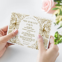 Convite Glam White Dourado Art Deco Peacocks Véspera de An