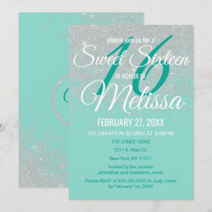 Convite Glam White Glitter Sparkles Teal Sweet 16