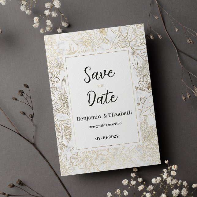 Convite Glam white gold cinza marble floral Salve a data (Glam white gold gray marble floral Save the Date)